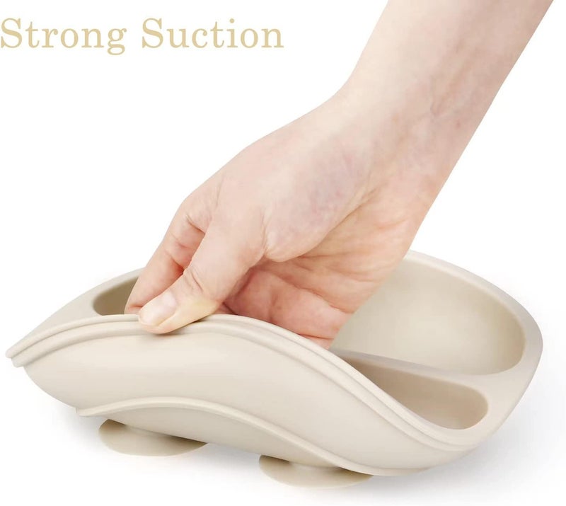 PandaEar 3 Pack Divided Unbreakable Silicone Baby and Toddler Plates - Non-Slip - Dishwasher and Microwave Safe - Silicone (Pink Green Light Tan) - Image 4